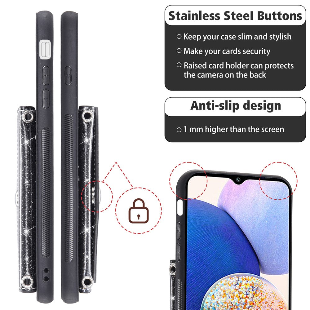 Samsung Galaxy S26 Skal Korthållare Stativ PU Läder + TPU Glitter Mobilskal med Axelrem