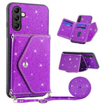 Samsung Galaxy S26 Skal Korthållare Stativ PU Läder + TPU Glitter Mobilskal med Axelrem