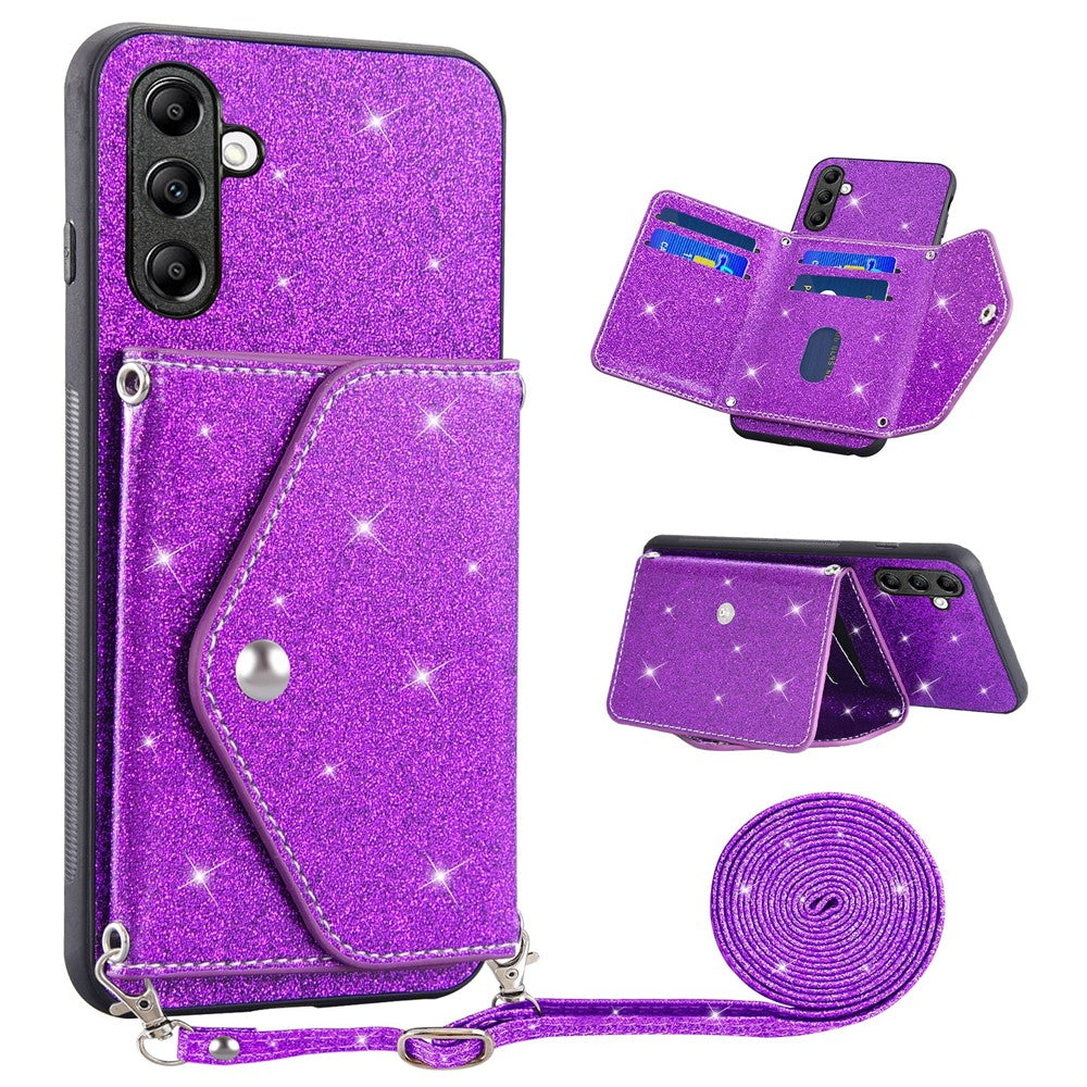 Samsung Galaxy S26 Skal Korthållare Stativ PU Läder + TPU Glitter Mobilskal med Axelrem