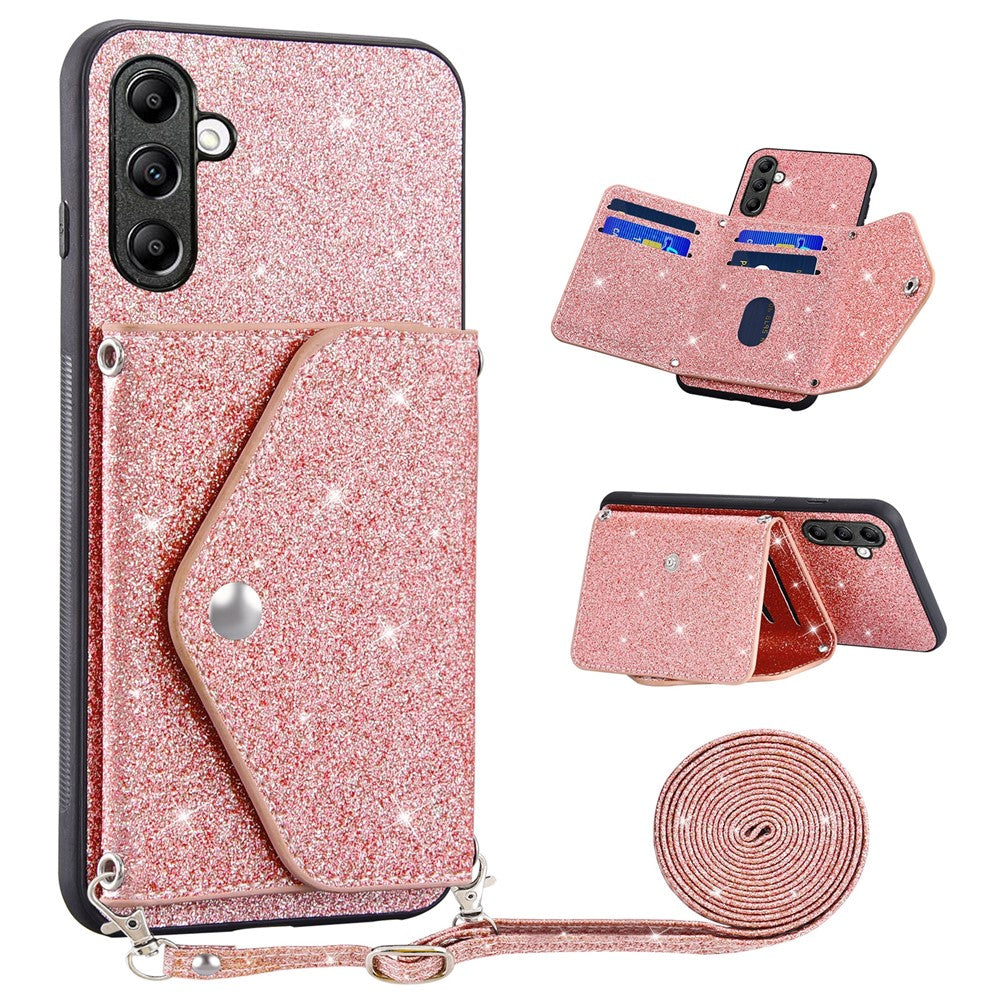 For Samsung Galaxy S26 Case Card Holder Kickstand PU Leather + TPU Glitter Phone Cover with Shoulder Strap