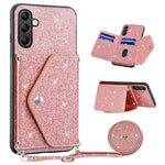 Samsung Galaxy S26 Skal Korthållare Stativ PU Läder + TPU Glitter Mobilskal med Axelrem