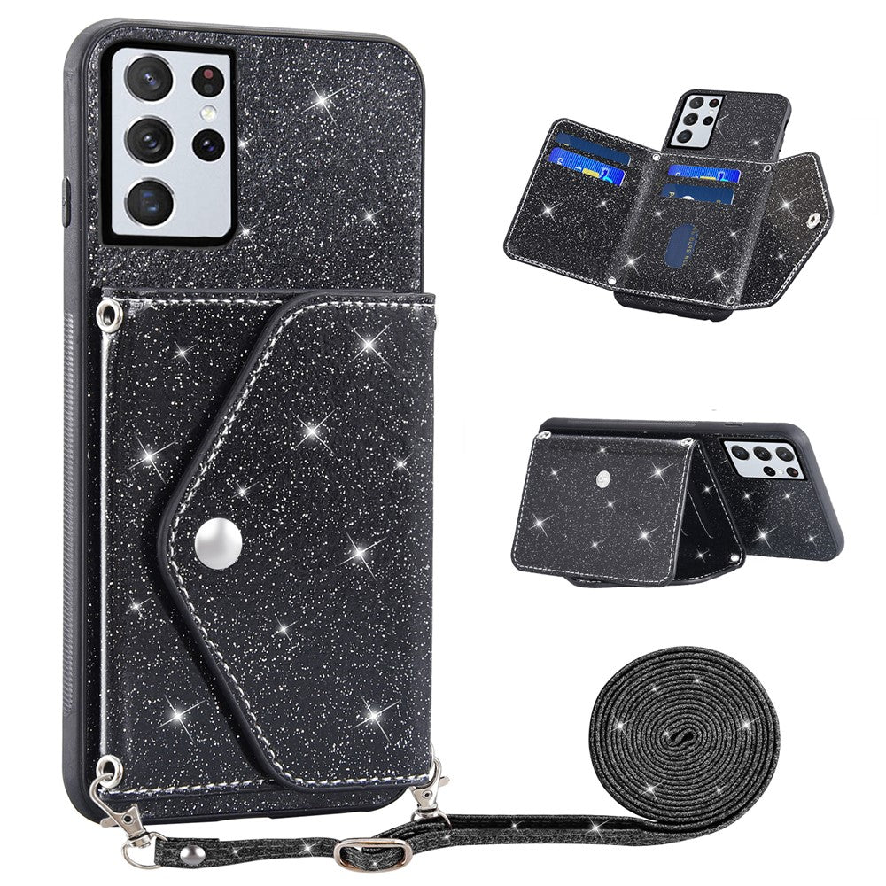 For Samsung Galaxy S26 Ultra Case Card Holder Kickstand PU Leather + TPU Glitter Phone Cover with Shoulder Strap
