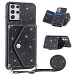 Skal till Samsung Galaxy S26 Ultra med korthållare och stativ, mobilskal i PU-läder + TPU med glitter och axelrem