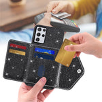 For Samsung Galaxy S26 Ultra Case Card Holder Kickstand PU Leather + TPU Glitter Phone Cover with Shoulder Strap