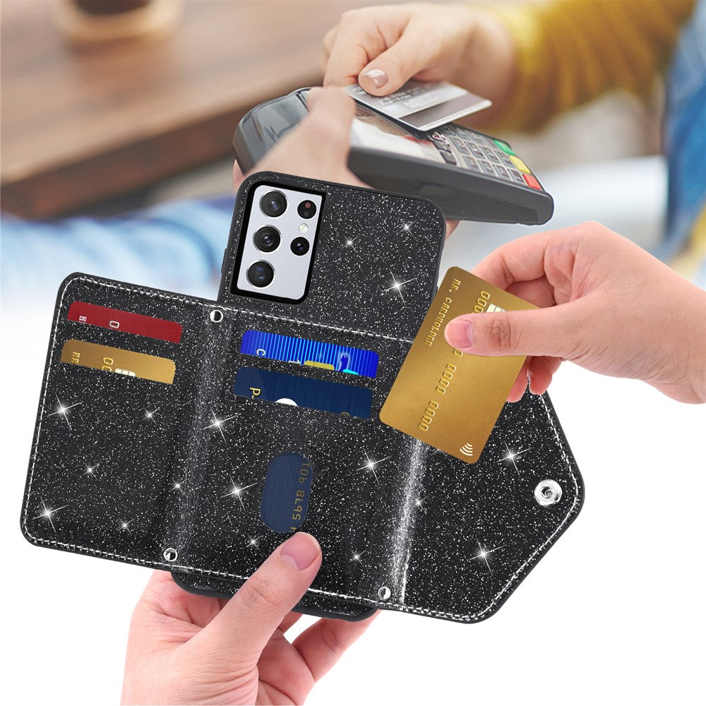Skal till Samsung Galaxy S26 Ultra med korthållare och stativ, mobilskal i PU-läder + TPU med glitter och axelrem