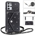 For Samsung Galaxy S26 Ultra Case Card Holder Kickstand PU Leather + TPU Glitter Phone Cover with Shoulder Strap