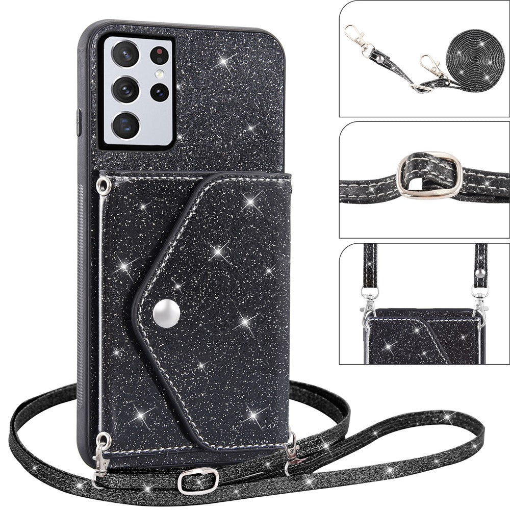 For Samsung Galaxy S26 Ultra Case Card Holder Kickstand PU Leather + TPU Glitter Phone Cover with Shoulder Strap