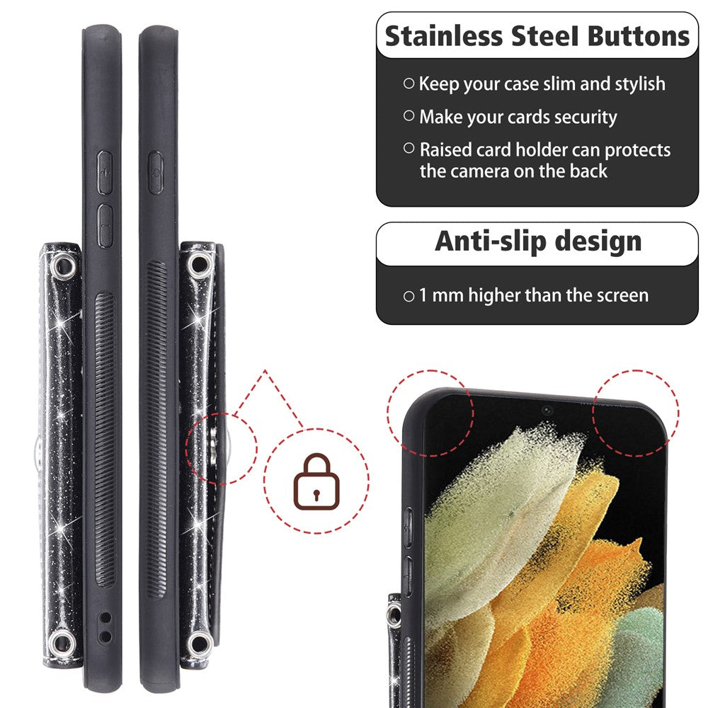 For Samsung Galaxy S26 Ultra Case Card Holder Kickstand PU Leather + TPU Glitter Phone Cover with Shoulder Strap
