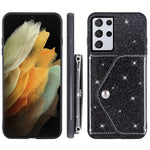 For Samsung Galaxy S26 Ultra Case Card Holder Kickstand PU Leather + TPU Glitter Phone Cover with Shoulder Strap
