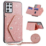 For Samsung Galaxy S26 Ultra Case Card Holder Kickstand PU Leather + TPU Glitter Phone Cover with Shoulder Strap