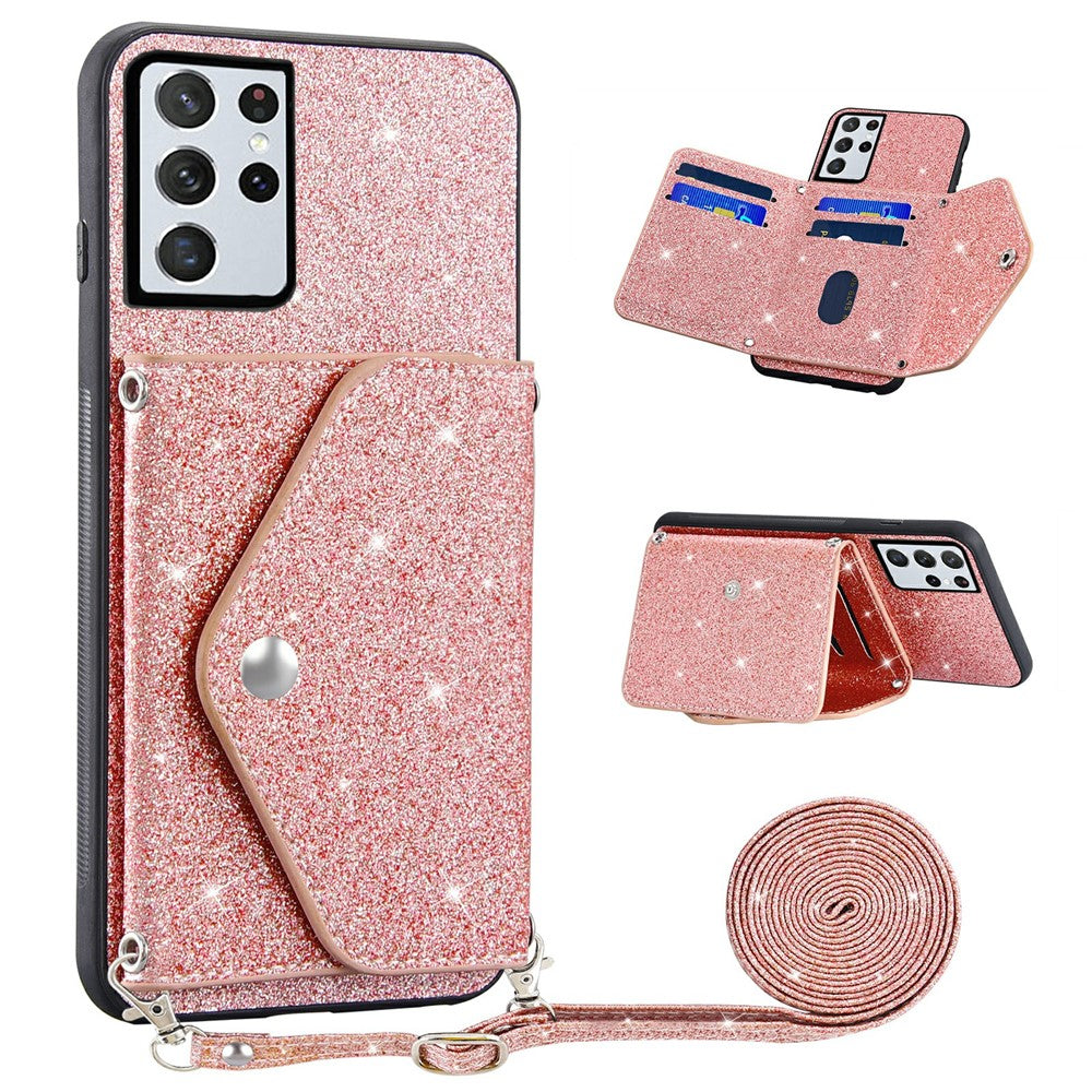 For Samsung Galaxy S26 Ultra Case Card Holder Kickstand PU Leather + TPU Glitter Phone Cover with Shoulder Strap