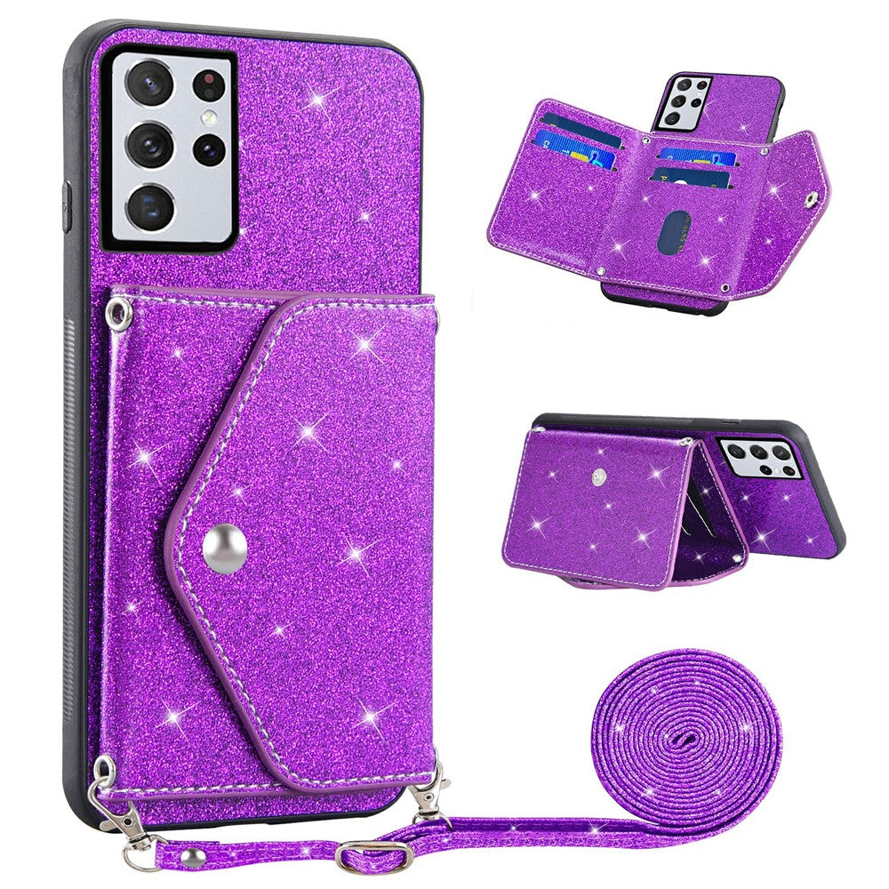 Til Samsung Galaxy S26 Ultra Etui Kortholder Støtteben PU Læder + TPU Glitter Telefoncover med Skulderrem