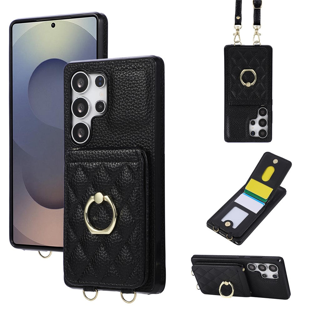 Samsung Galaxy S26 Ultra-cover med stativ, rombemønster, læder + TPU-mobilcover med skulderrem