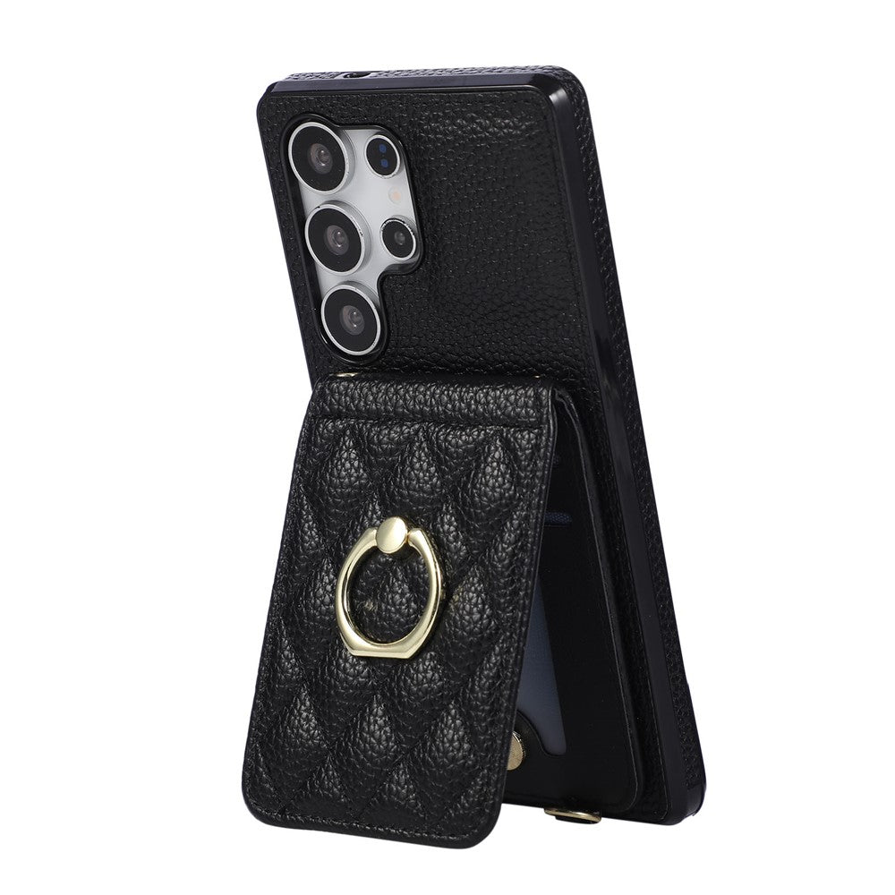 Samsung Galaxy S26 Ultra-cover med stativ, rombemønster, læder + TPU-mobilcover med skulderrem