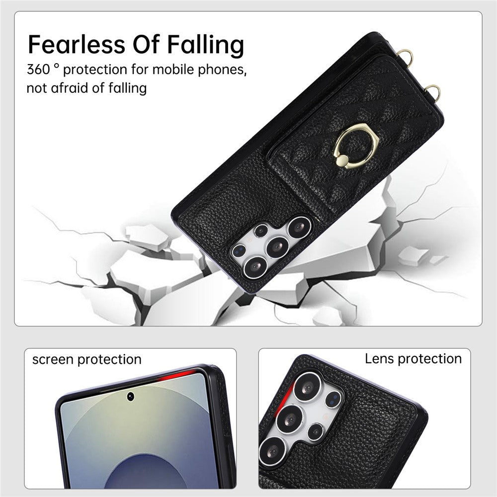 Samsung Galaxy S26 Ultra-cover med stativ, rombemønster, læder + TPU-mobilcover med skulderrem