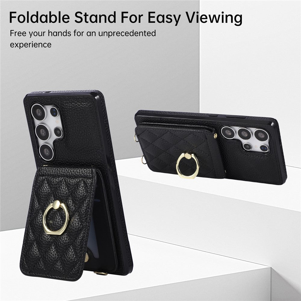 Samsung Galaxy S26 Ultra-cover med stativ, rombemønster, læder + TPU-mobilcover med skulderrem