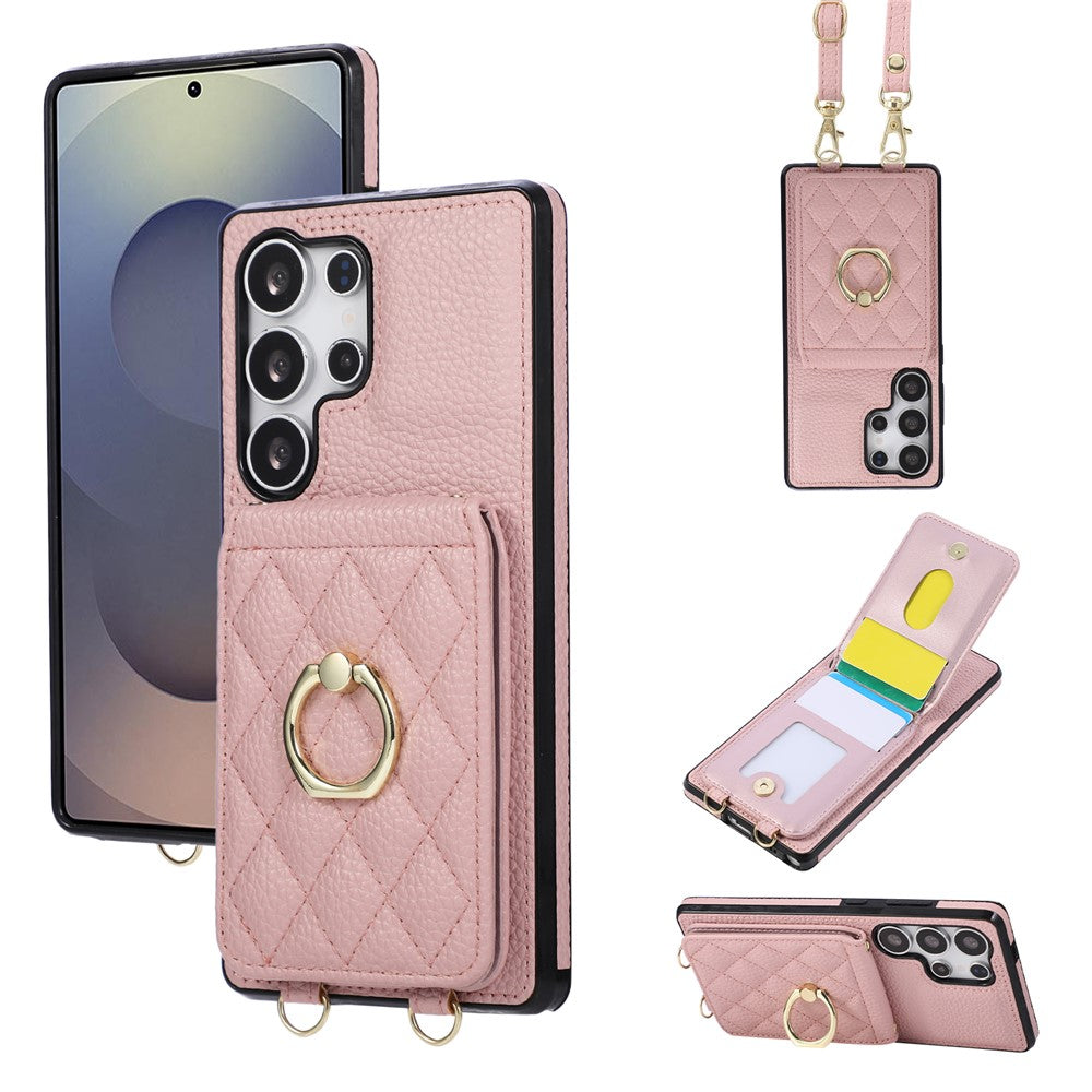 Samsung Galaxy S26 Ultra-cover med stativ, rombemønster, læder + TPU-mobilcover med skulderrem