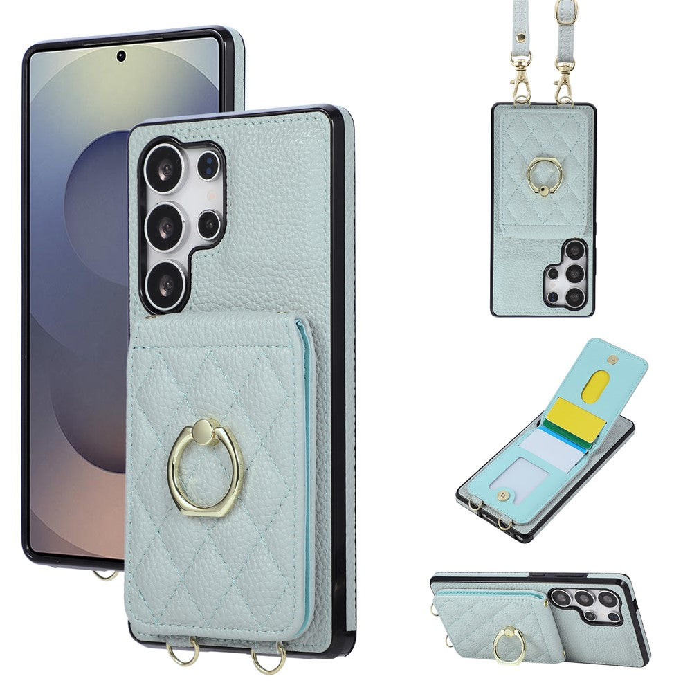 Samsung Galaxy S26 Ultra-cover med stativ, rombemønster, læder + TPU-mobilcover med skulderrem