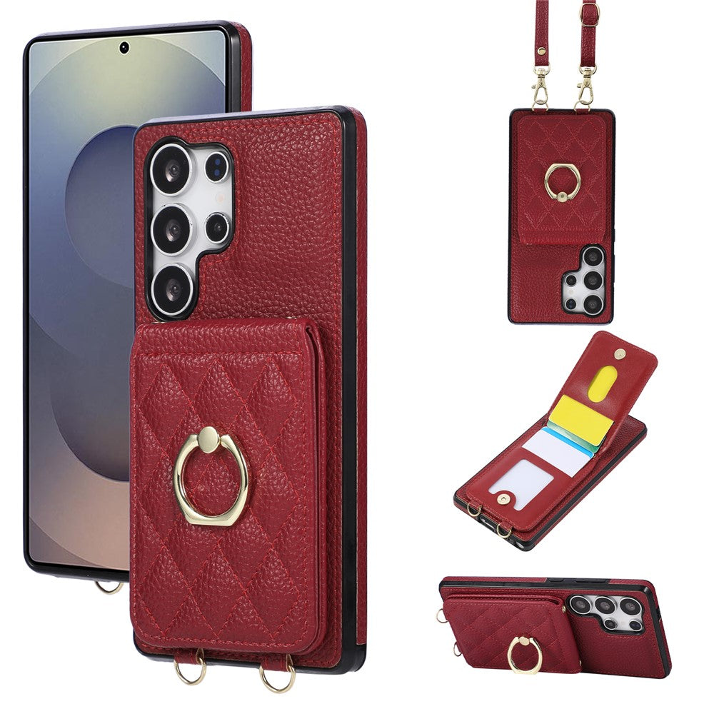 For Samsung Galaxy S26 Ultra Case Kickstand Rhombus Leather + TPU Phone Cover with Shoulder Strap