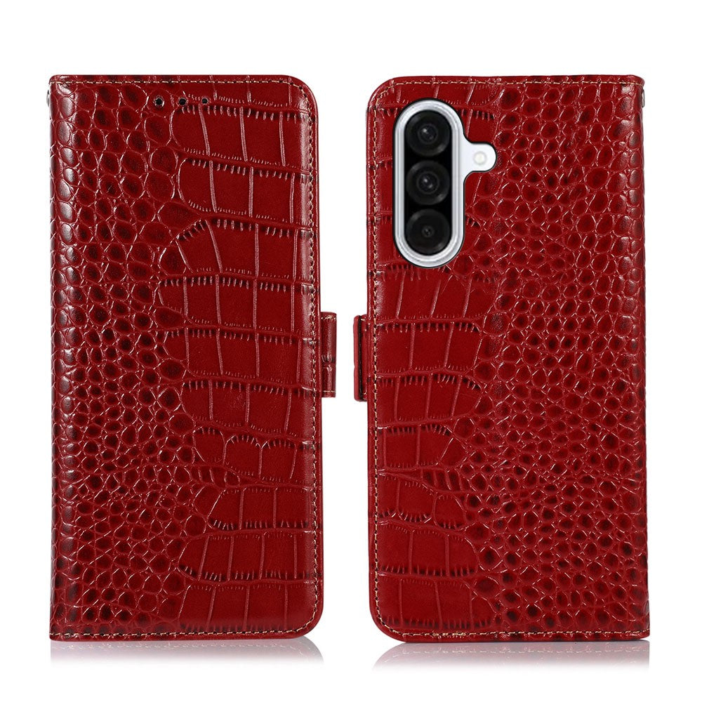 For Samsung Galaxy A57 5G Case RFID Blocking Wallet Crocodile Texture Genuine Cow Leather Phone Cover