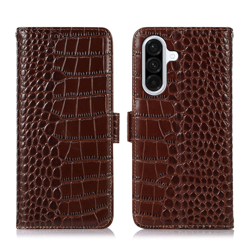 For Samsung Galaxy A57 5G Case RFID Blocking Wallet Crocodile Texture Genuine Cow Leather Phone Cover