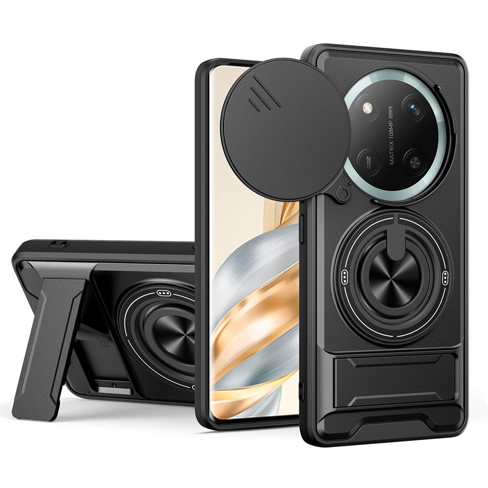 For Honor X60 Pro 5G  /  X9c 5G Magnetic Case Ring Holder Foldable Kickstand TPU PC Phone Cover with Camera Lens Slider