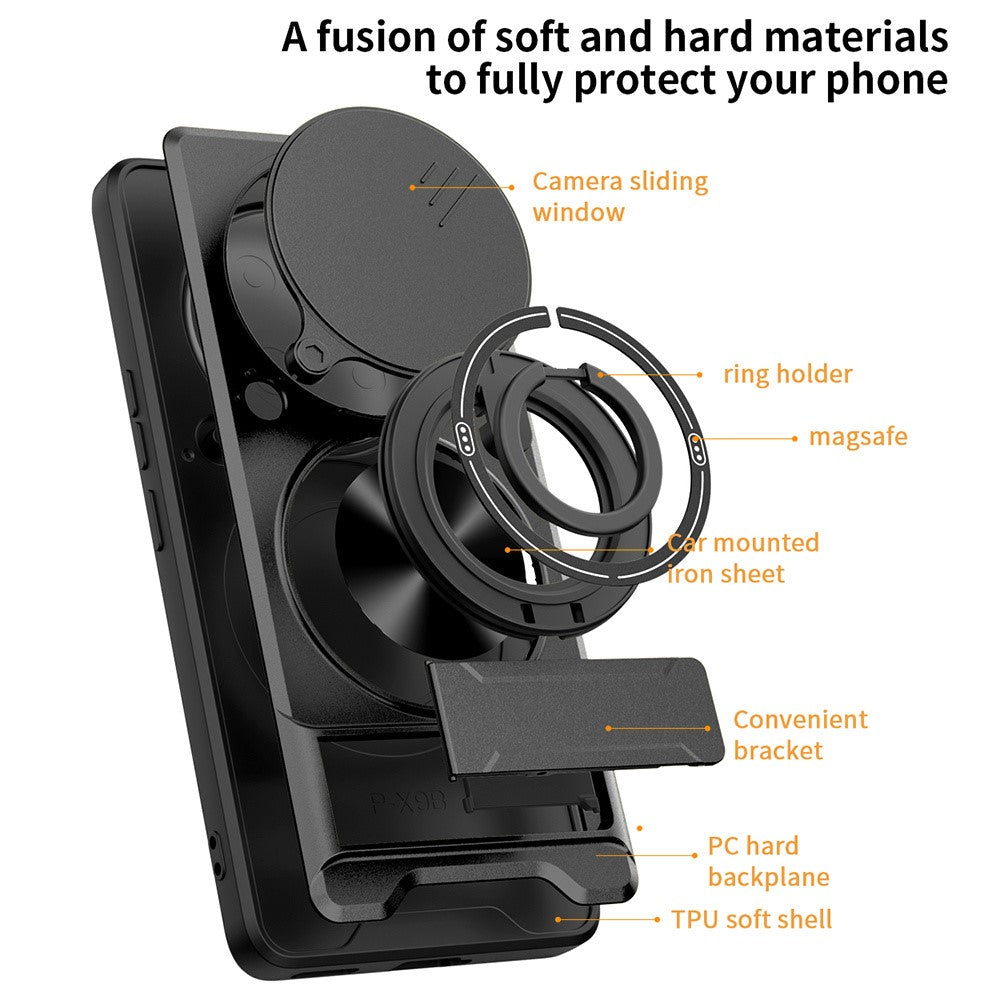 For Honor X60 Pro 5G  /  X9c 5G Magnetic Case Ring Holder Foldable Kickstand TPU PC Phone Cover with Camera Lens Slider