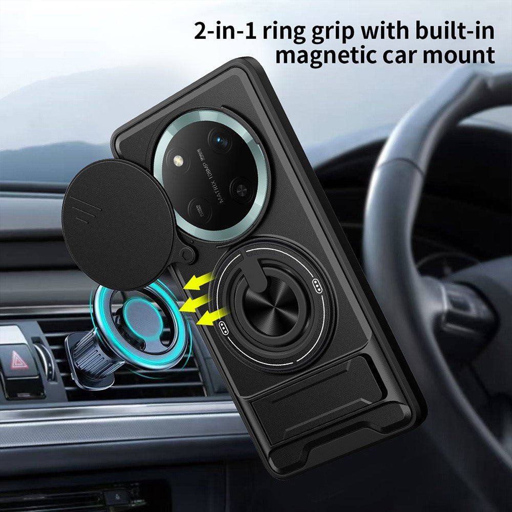 For Honor X60 Pro 5G  /  X9c 5G Magnetic Case Ring Holder Foldable Kickstand TPU PC Phone Cover with Camera Lens Slider