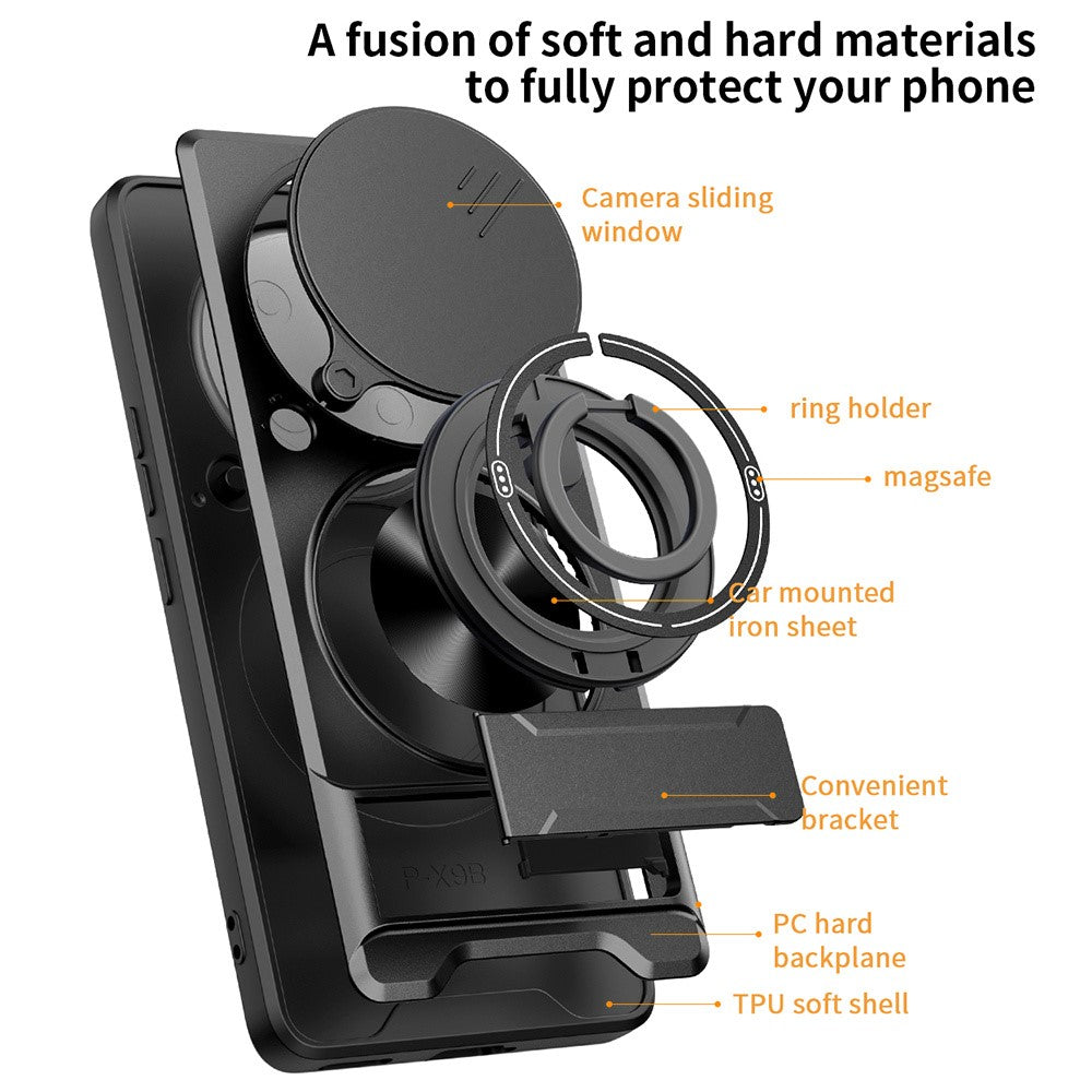 Magnetic Case For Honor X50 5G  /  X9b 5G  /  Magic6 Lite 5G Ring Holder Foldable Kickstand TPU PC Phone Cover with Camera Lens Slider