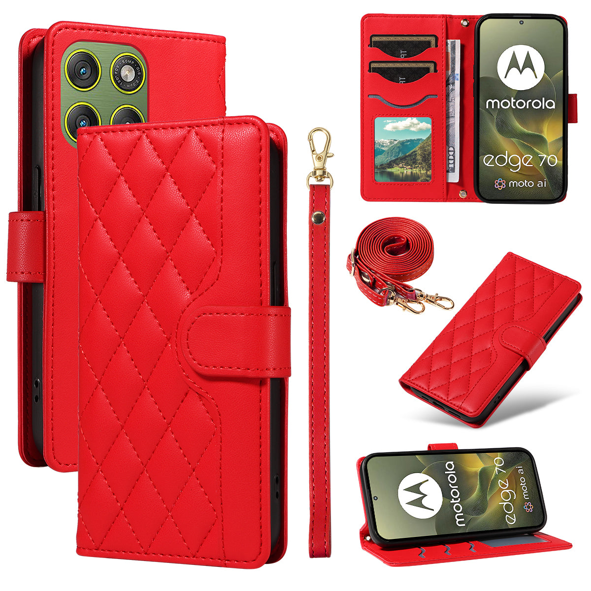 For Motorola Edge 70 5G Wallet Case Rhombus Leather Phone Cover with Strap