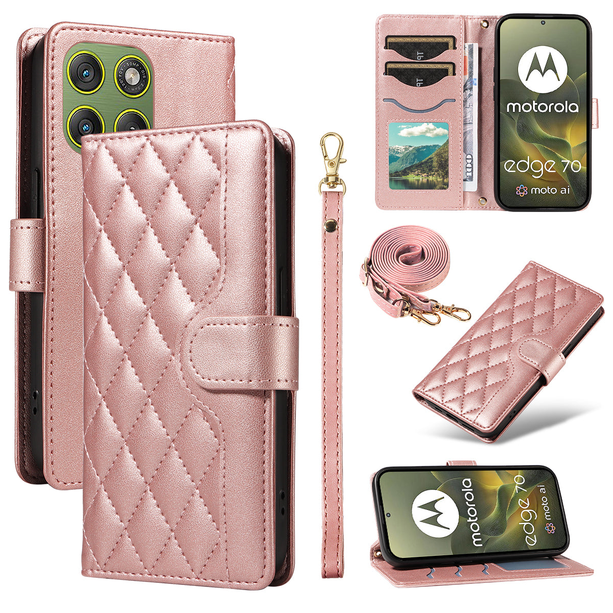 For Motorola Edge 70 5G Wallet Case Rhombus Leather Phone Cover with Strap