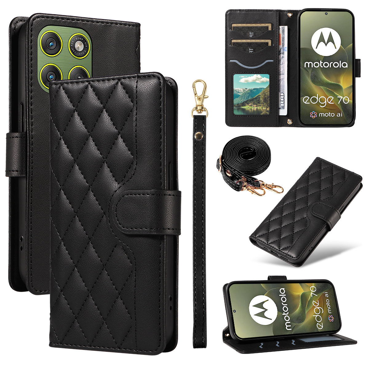 For Motorola Edge 70 5G Wallet Case Rhombus Leather Phone Cover with Strap