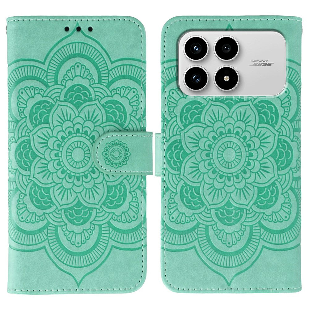 For Xiaomi Poco F8 Pro 5G / Redmi K90 5G Case PU Leather Mandala Imprinted Design Wallet Phone Cover with Wrist Strap