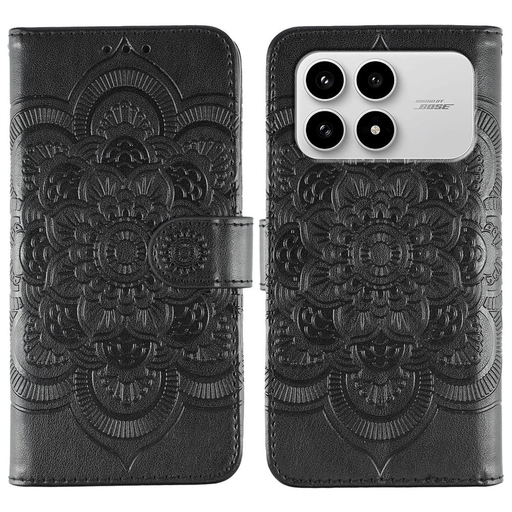 For Xiaomi Poco F8 Pro 5G / Redmi K90 5G Case PU Leather Mandala Imprinted Design Wallet Phone Cover with Wrist Strap