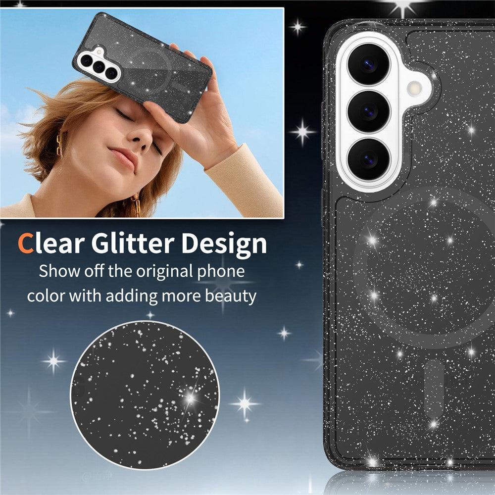 Magnetiskt skal för Samsung Galaxy S26 med glitterdesign TPU PC PET stötsäkert mobilskal