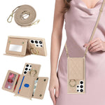 For Samsung Galaxy S23 Ultra Case with Lanyard / Mirror / Card Holder Grids Pattern RFID Blocking Phone Cover