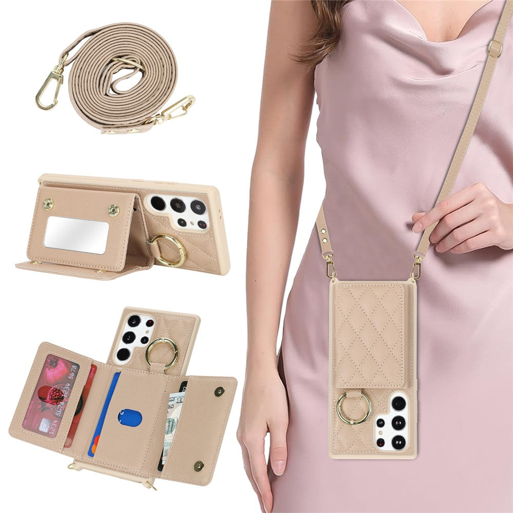 For Samsung Galaxy S23 Ultra Case with Lanyard / Mirror / Card Holder Grids Pattern RFID Blocking Phone Cover