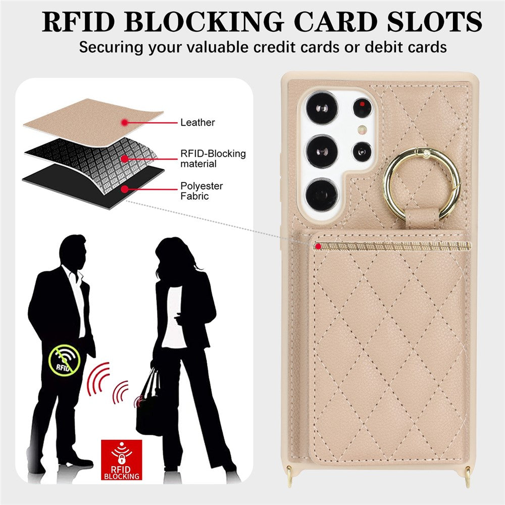 For Samsung Galaxy S23 Ultra Case with Lanyard / Mirror / Card Holder Grids Pattern RFID Blocking Phone Cover