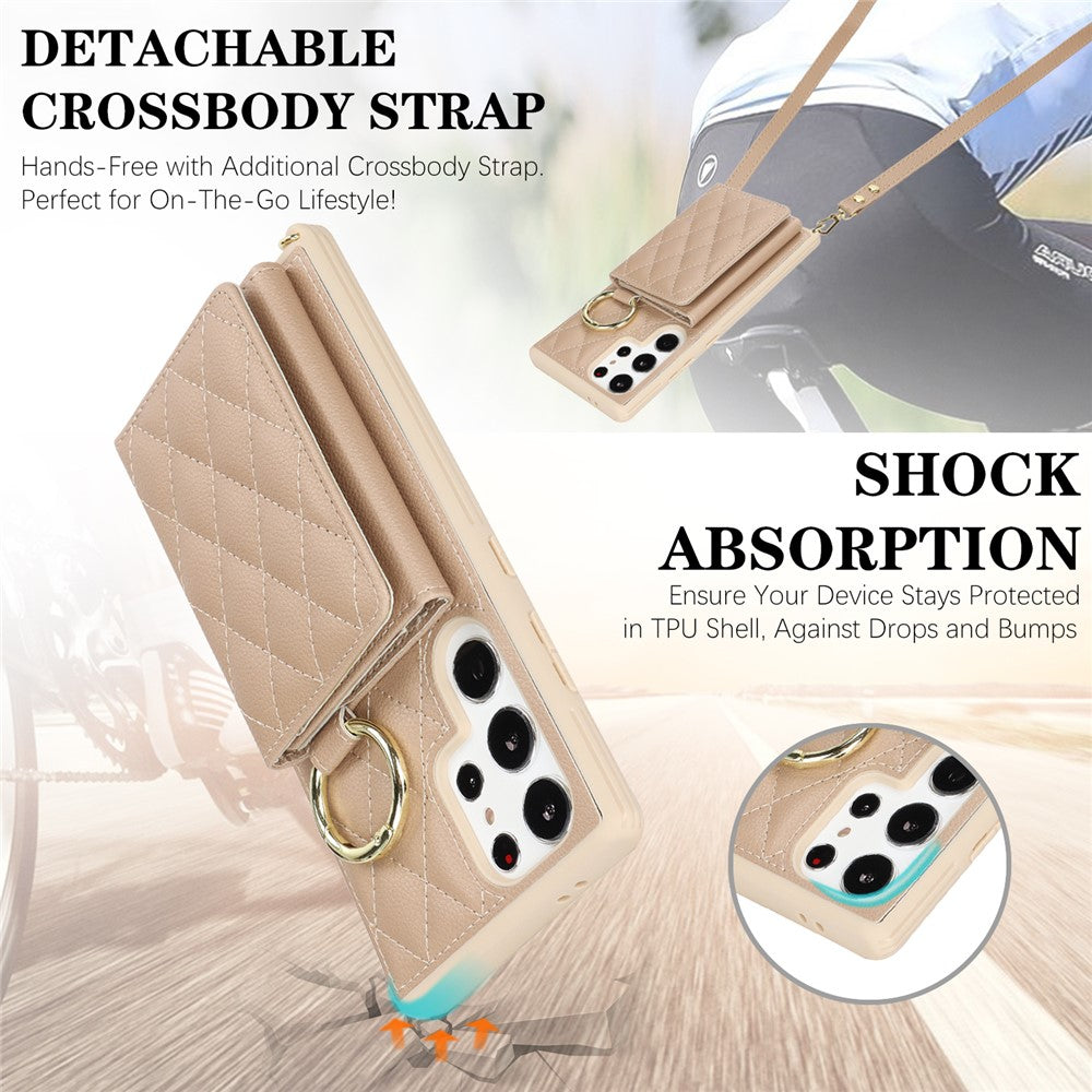 For Samsung Galaxy S23 Ultra Case with Lanyard / Mirror / Card Holder Grids Pattern RFID Blocking Phone Cover