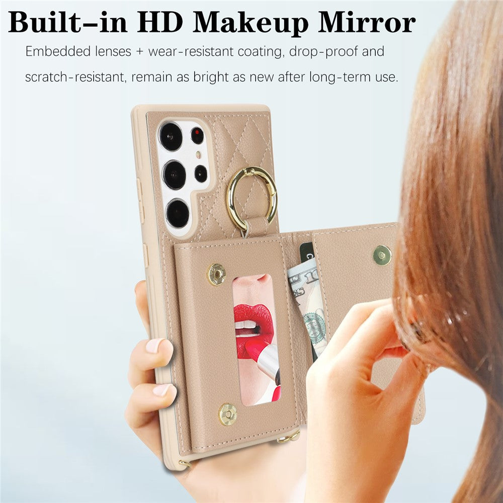 For Samsung Galaxy S23 Ultra Case with Lanyard / Mirror / Card Holder Grids Pattern RFID Blocking Phone Cover
