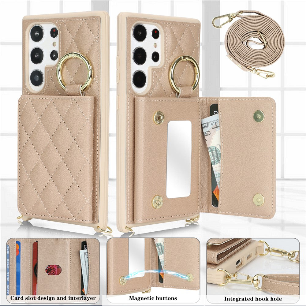 For Samsung Galaxy S23 Ultra Case with Lanyard / Mirror / Card Holder Grids Pattern RFID Blocking Phone Cover