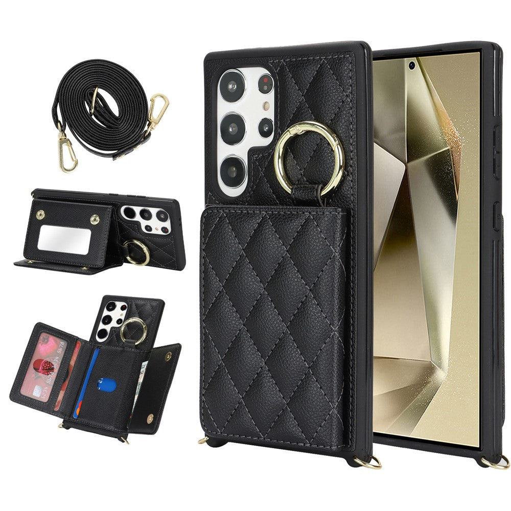 For Samsung Galaxy S23 Ultra Case with Lanyard / Mirror / Card Holder Grids Pattern RFID Blocking Phone Cover