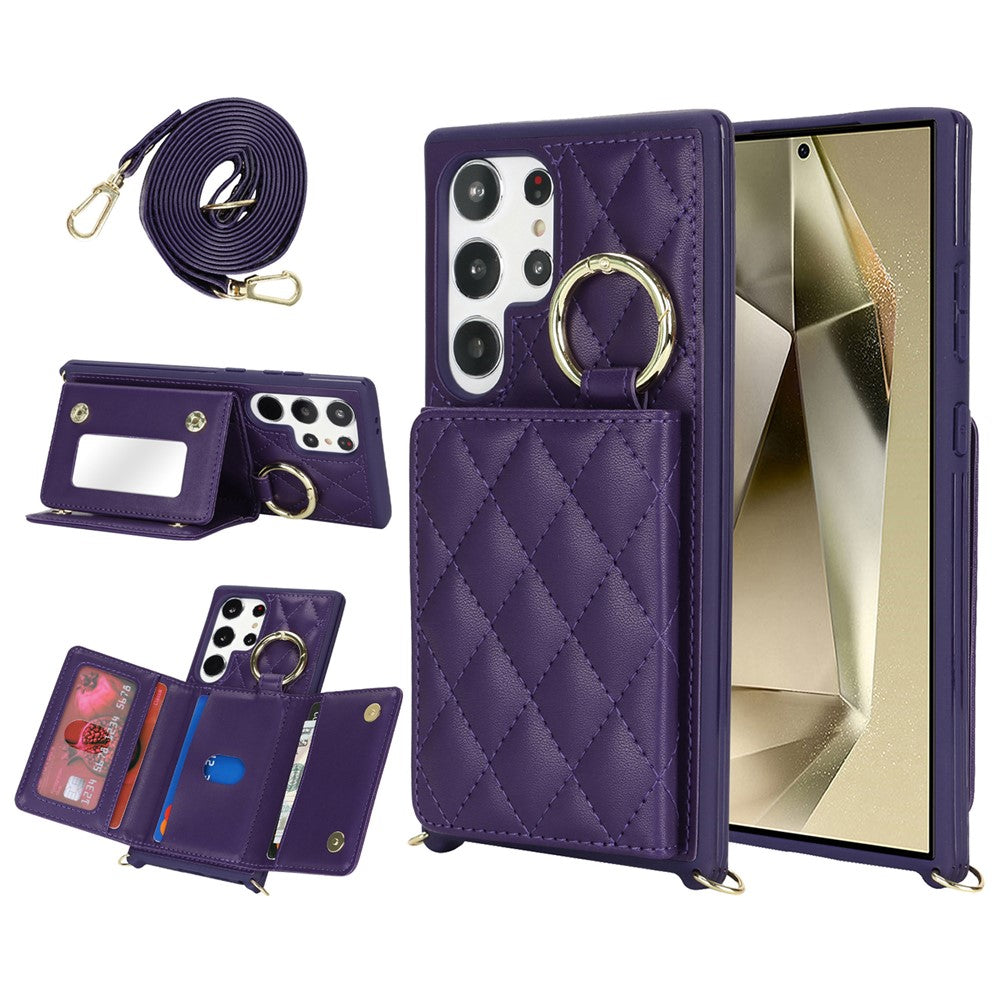 For Samsung Galaxy S23 Ultra Case with Lanyard / Mirror / Card Holder Grids Pattern RFID Blocking Phone Cover