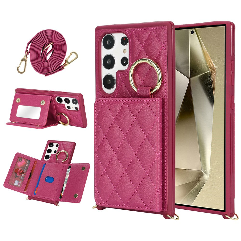 For Samsung Galaxy S23 Ultra Case with Lanyard / Mirror / Card Holder Grids Pattern RFID Blocking Phone Cover
