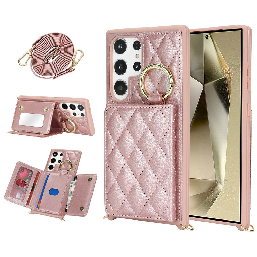 For Samsung Galaxy S23 Ultra Case with Lanyard / Mirror / Card Holder Grids Pattern RFID Blocking Phone Cover