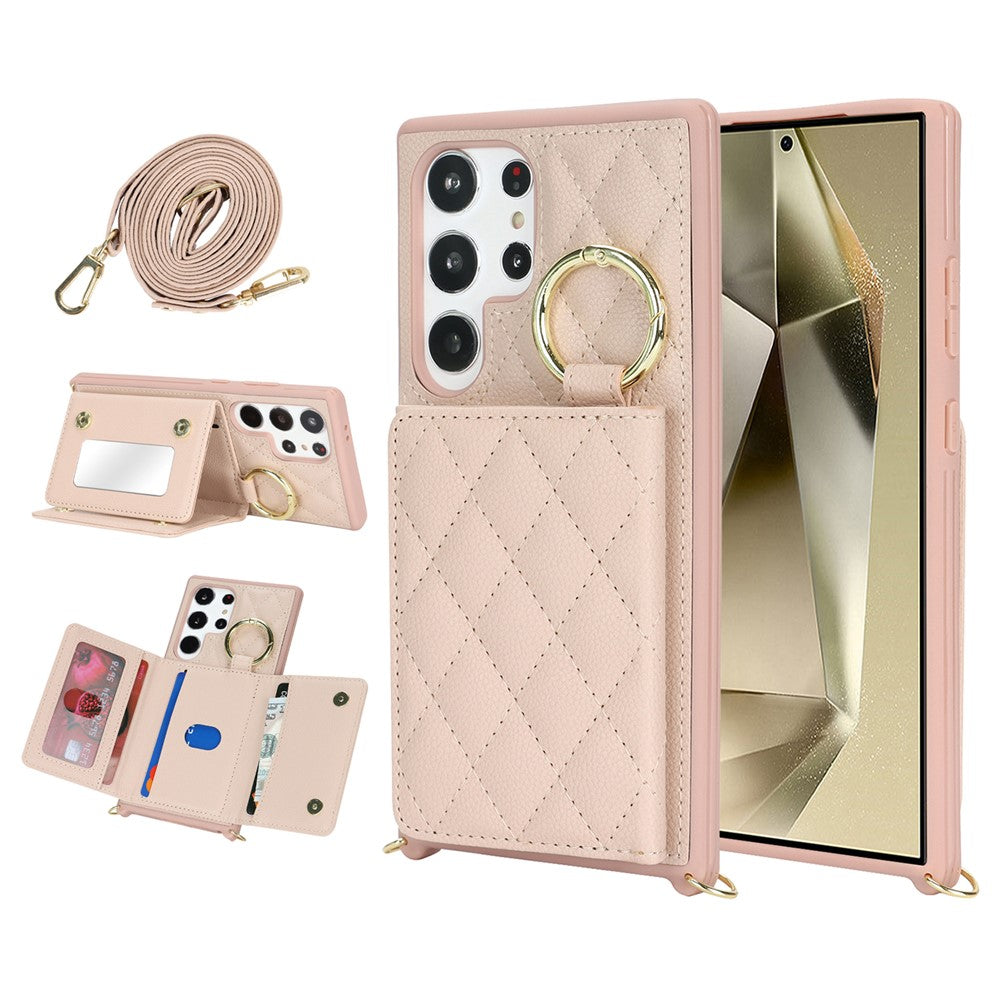 For Samsung Galaxy S23 Ultra Case with Lanyard / Mirror / Card Holder Grids Pattern RFID Blocking Phone Cover