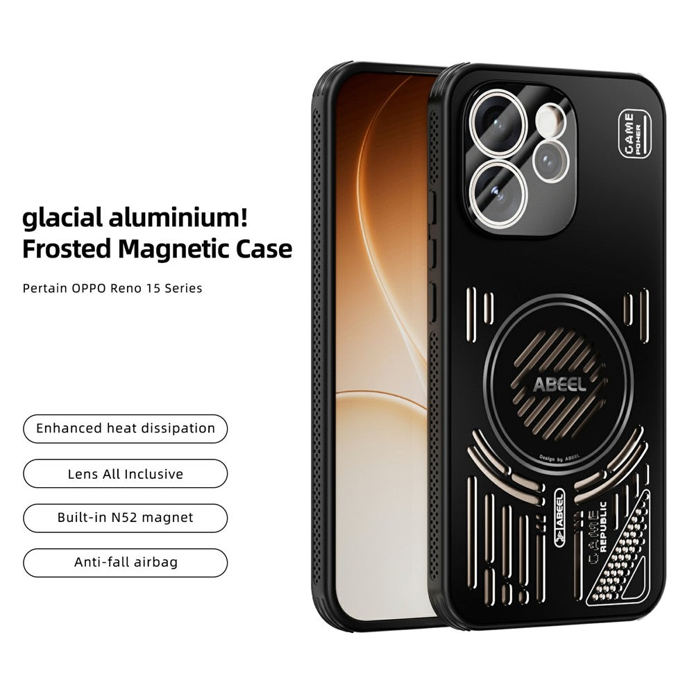 ABEEL För Oppo Reno15 Pro Max 5G (Global) / Reno15 Pro 5G (Kina) Magnetiskt Skal Aluminiumlegering + PC + TPU Ihåligt Värmeavledande mobilskal