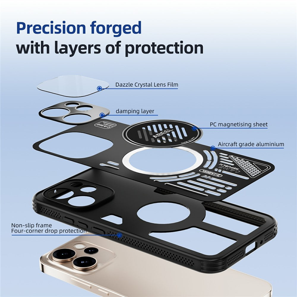 ABEEL För Oppo Reno15 Pro Max 5G (Global) / Reno15 Pro 5G (Kina) Magnetiskt Skal Aluminiumlegering + PC + TPU Ihåligt Värmeavledande mobilskal