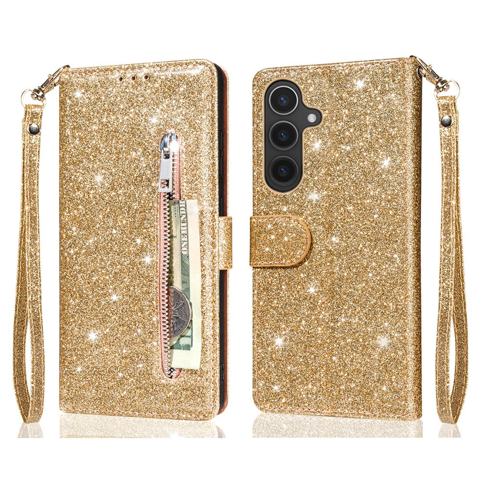 Til Samsung Galaxy A57 5G Standercover Glitter Telefon Lædercover Lynlåslomme