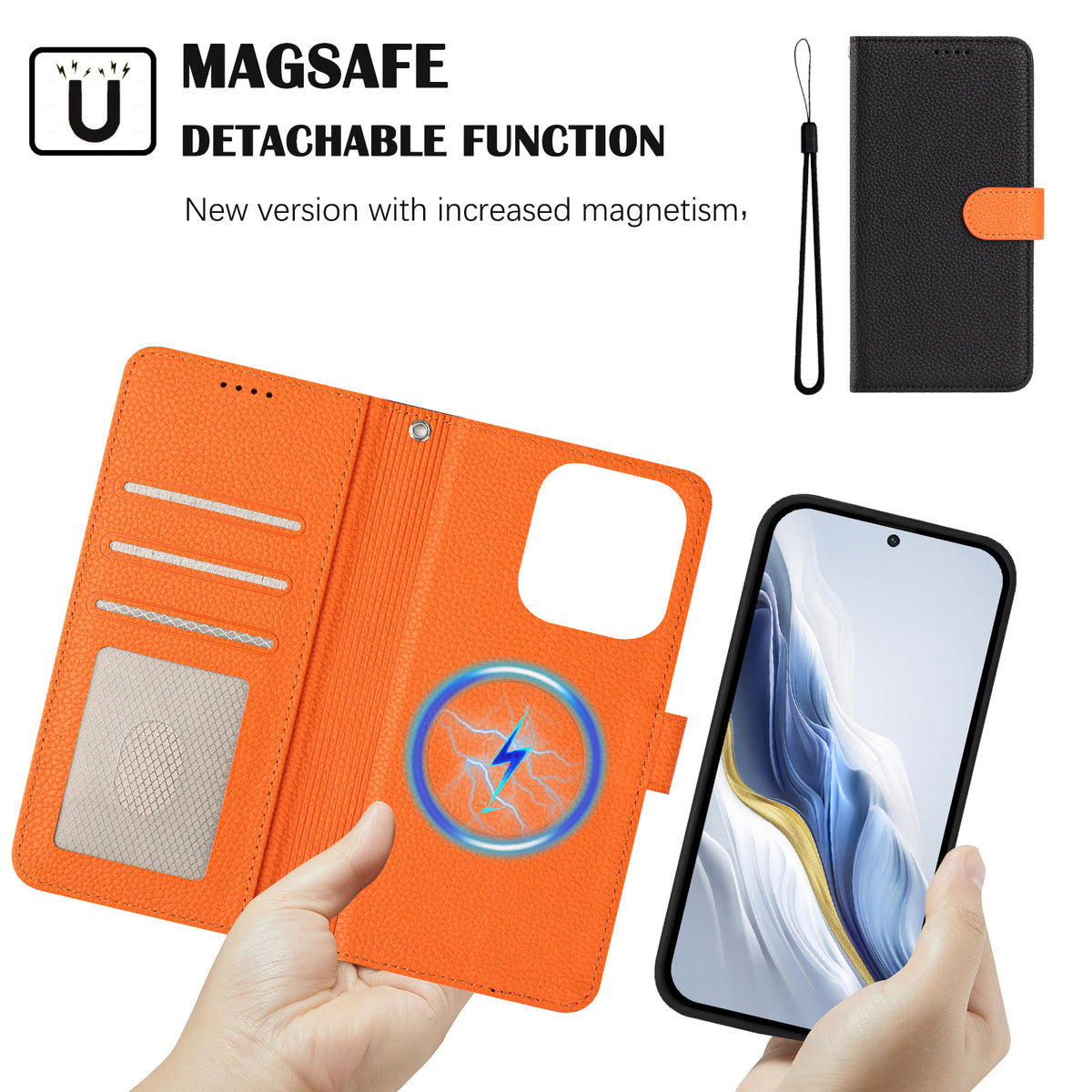 For Honor 400 Lite 5G Leather Case Detachable Wallet Magnetic Phone Cover with Hand Strap